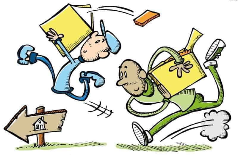 Cartoon of two movers carrying boxes toward a new home