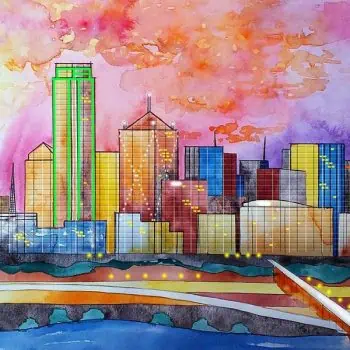 Watercolor artwork of the Dallas TX skyline