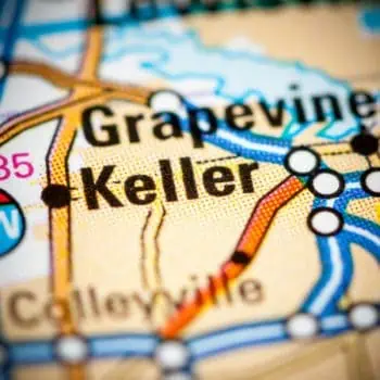 A close of up Keller, TX on a map.