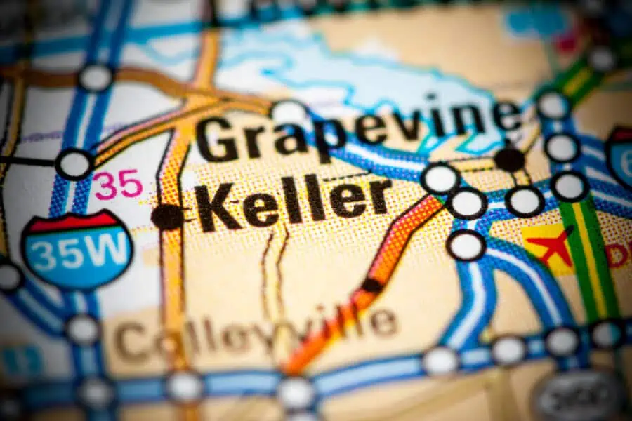 A close of up Keller, TX on a map.