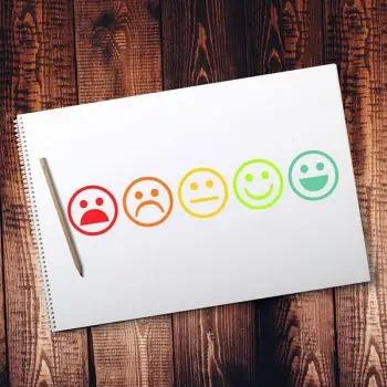 Range of smiling and frowning faces for reviews on a notebook
