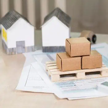 little cardboard moving boxes in front of small models of homes