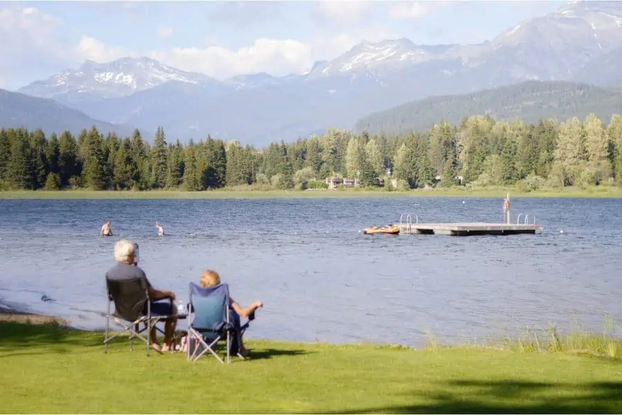 Two retired people sitting and enjoying the view of a lake in the afternoon